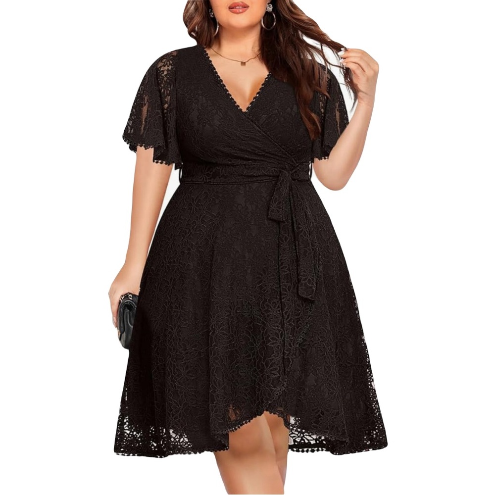 Elegant Black Lace Wrap Dress - Plus Size NWT